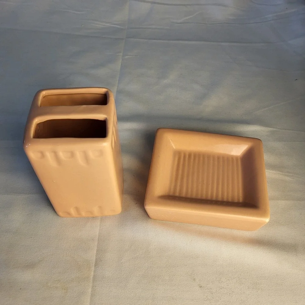 MCM Coral/Pink Ceramic Toothbrush Holder and Soap Dish